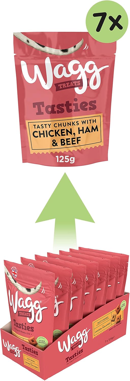 Wagg Tasties Tasty Chunks Chicken, Ham & Beef Dog Treats 125g (Pack of 7) - Oven Baked