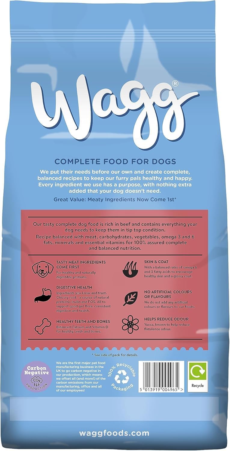 Wagg Meaty Goodness Complete Dry Adult Dog Food Beef Dinner 2kg (Pack of 4) - Meaty Ingredients Come 1st